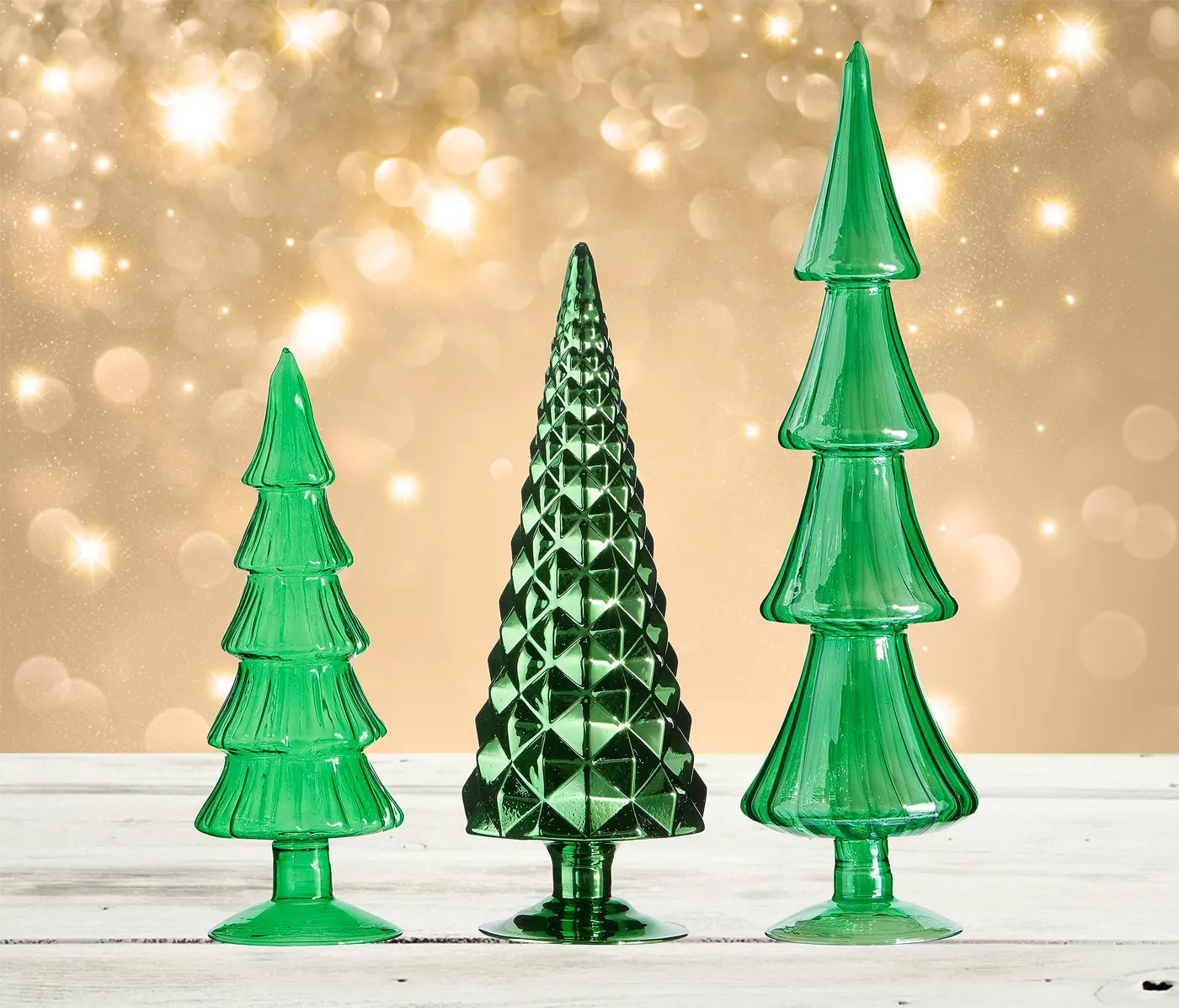 Set of 3 Elegant Vintage Green Glass Christmas Tree Figurines (15-Inch - One Holiday Way