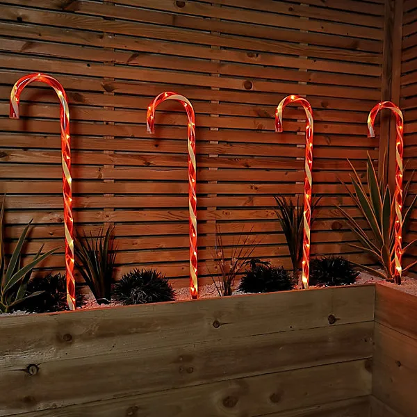 Set of 4 Large Light up Red & White Stripe Christmas Candy Cane Garden Stakes with