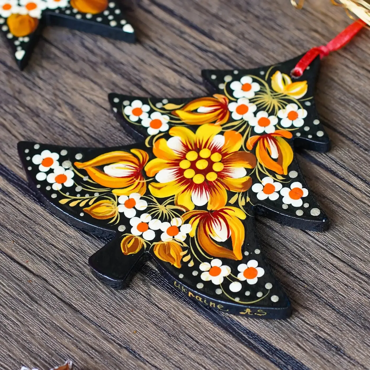 Set of Painted Wooden Christmas Ornaments