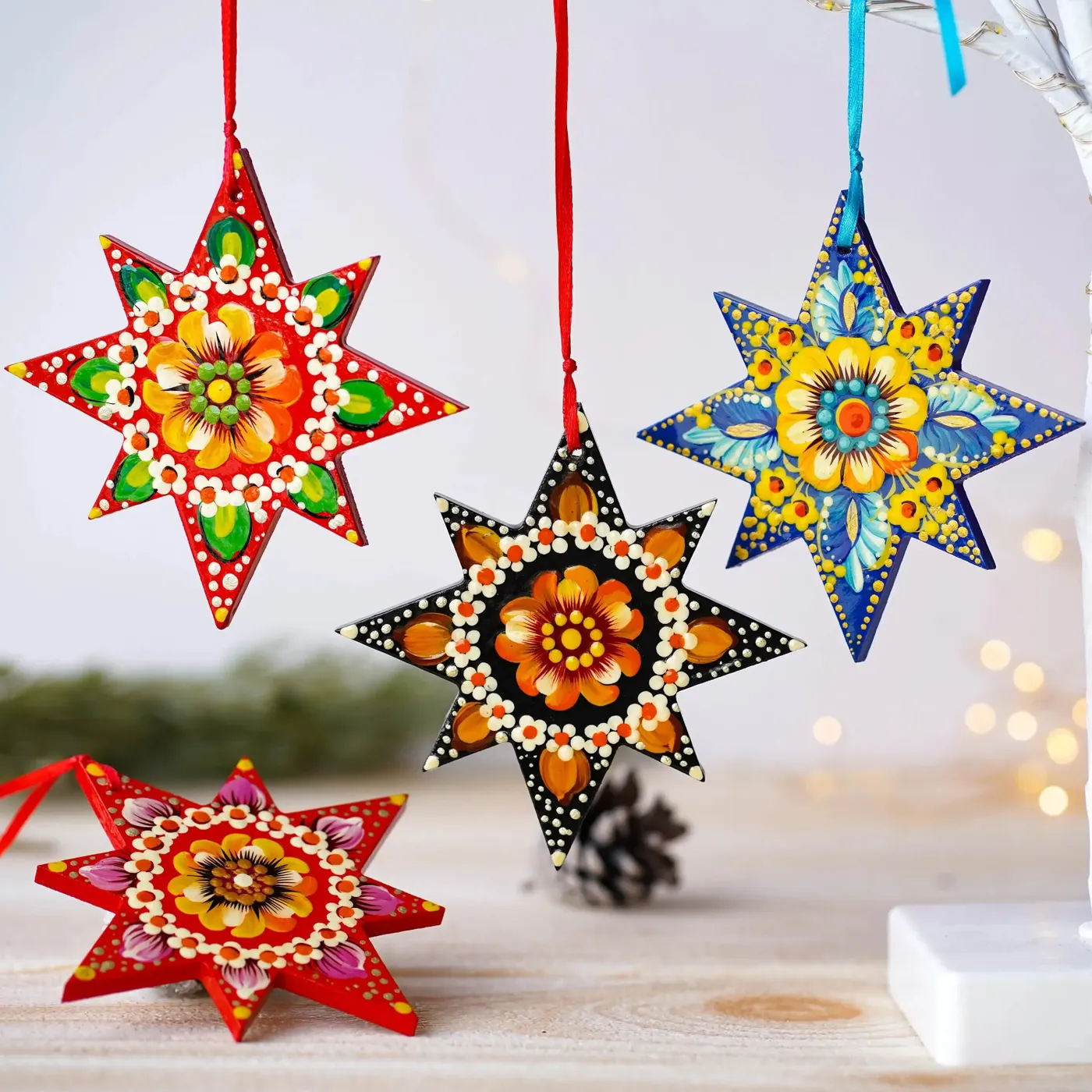 Set of Painted Wooden Christmas Ornaments