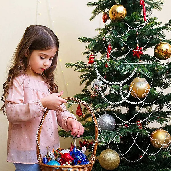 Shatchi Silver Shiny Christmas Bead Chain Metallic Beaded Garland Artificial Pearls Tinsel For Christmas Tree Hanging