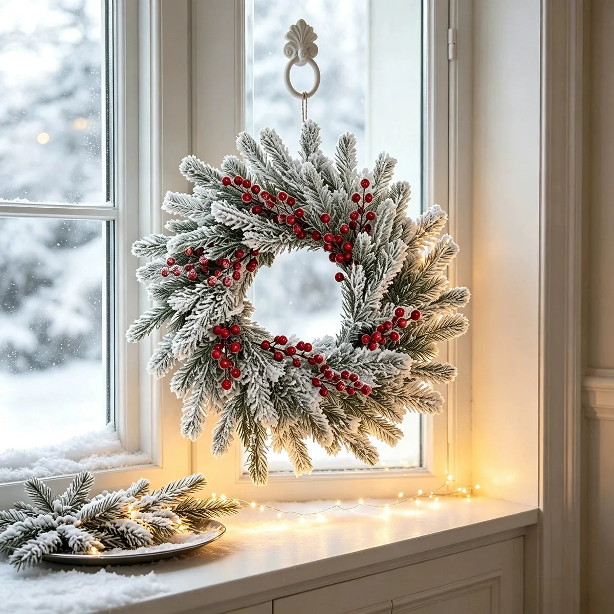 Snow-Dusted Faux Pine & Berry Wreath, 22' Diameter, Real-Touch Evergreen  for Holiday Decor, Wedding & Event Styling, Home or Outdoor Use