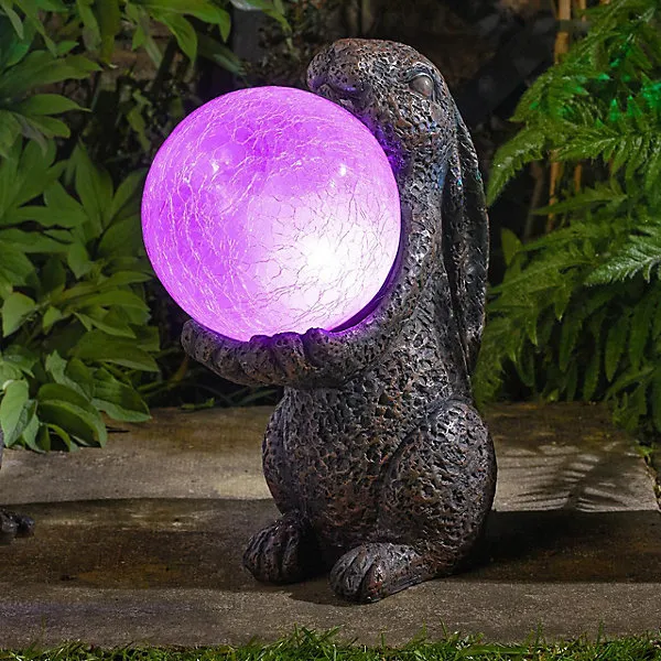 Solar Powered LED Hare Garden Ornament - Hand Painted Polyresin Sculpture with Light Up Crackle Glass Ball -