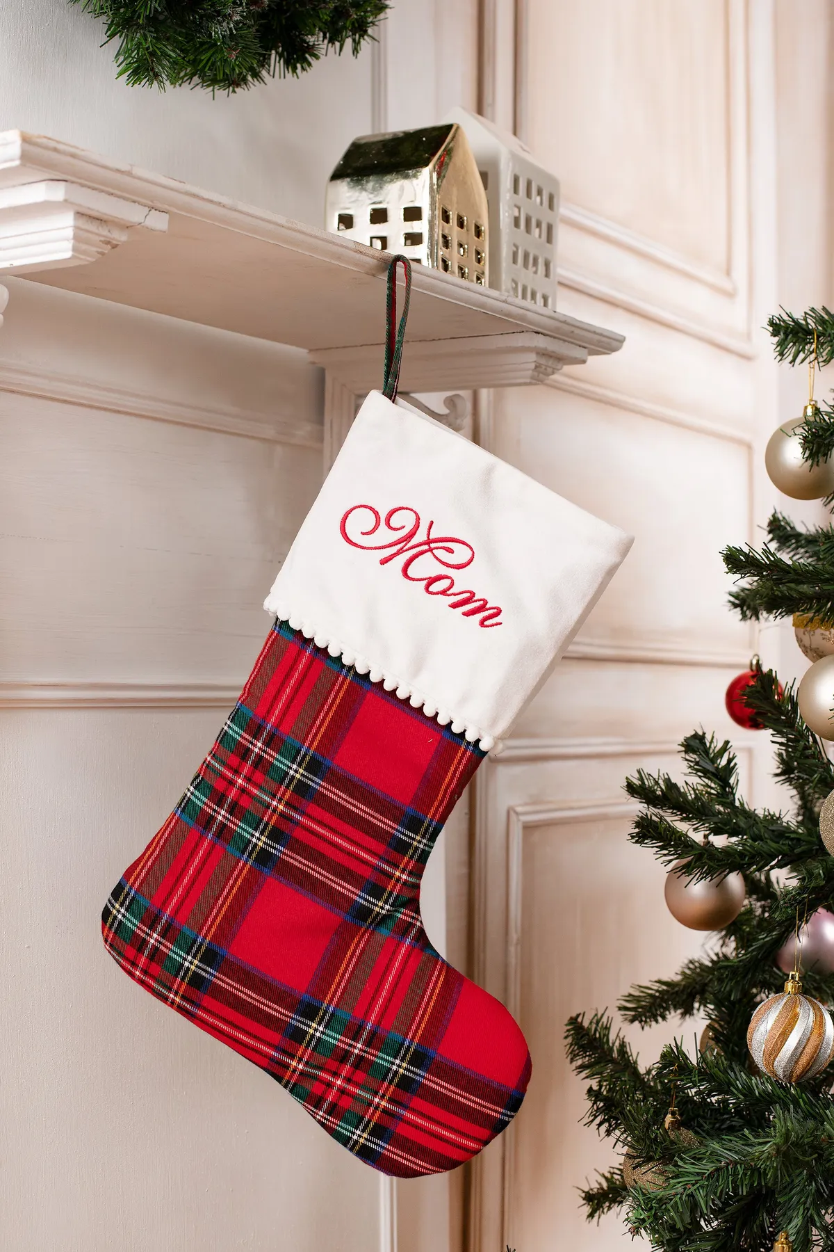 Tartan Plaid Christmas Stocking Personalized Plaid Christmas Stockings With Pompom Trimmed Cuff, Family Christmas Stockings, Tartan Christmas Stockings