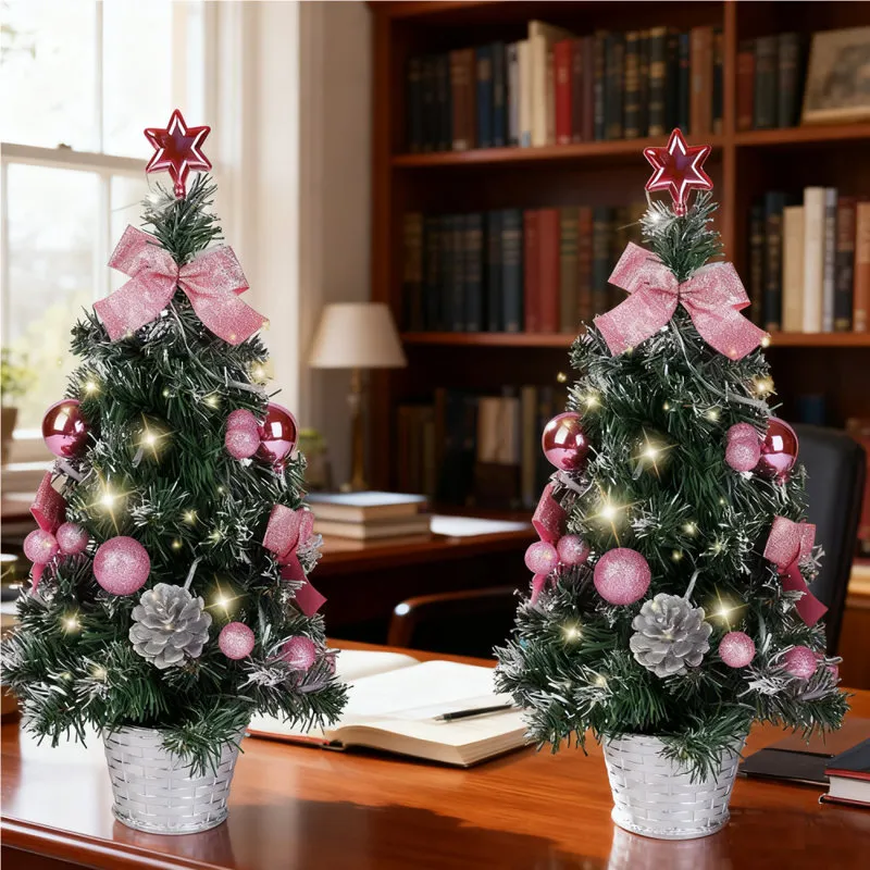 The Holiday Aisle® 2PCS 17.7 Inch Mini Christmas Tree with Light Desktop Christmas  Tree Office Basket Base, Bow, Pine Cone, Christmas Decorations Miniature  Christmas Tree Desktop Desk Home Decoratio