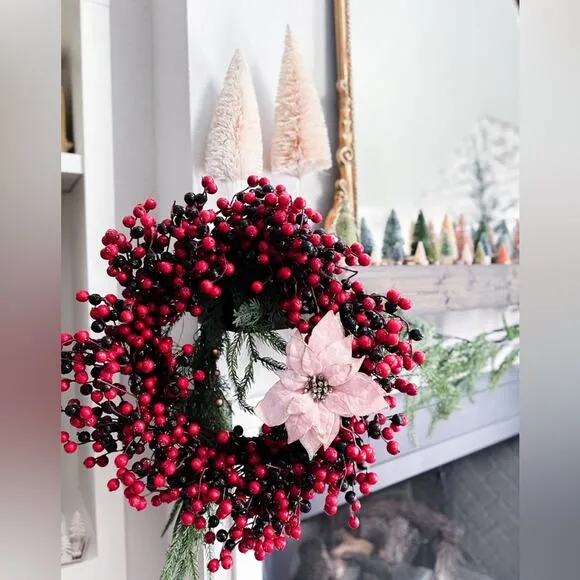 This seasonal crab apple wreath makes a great decoration 23” artificial crabapple cranberry Christmas grapevine wreath festive holiday