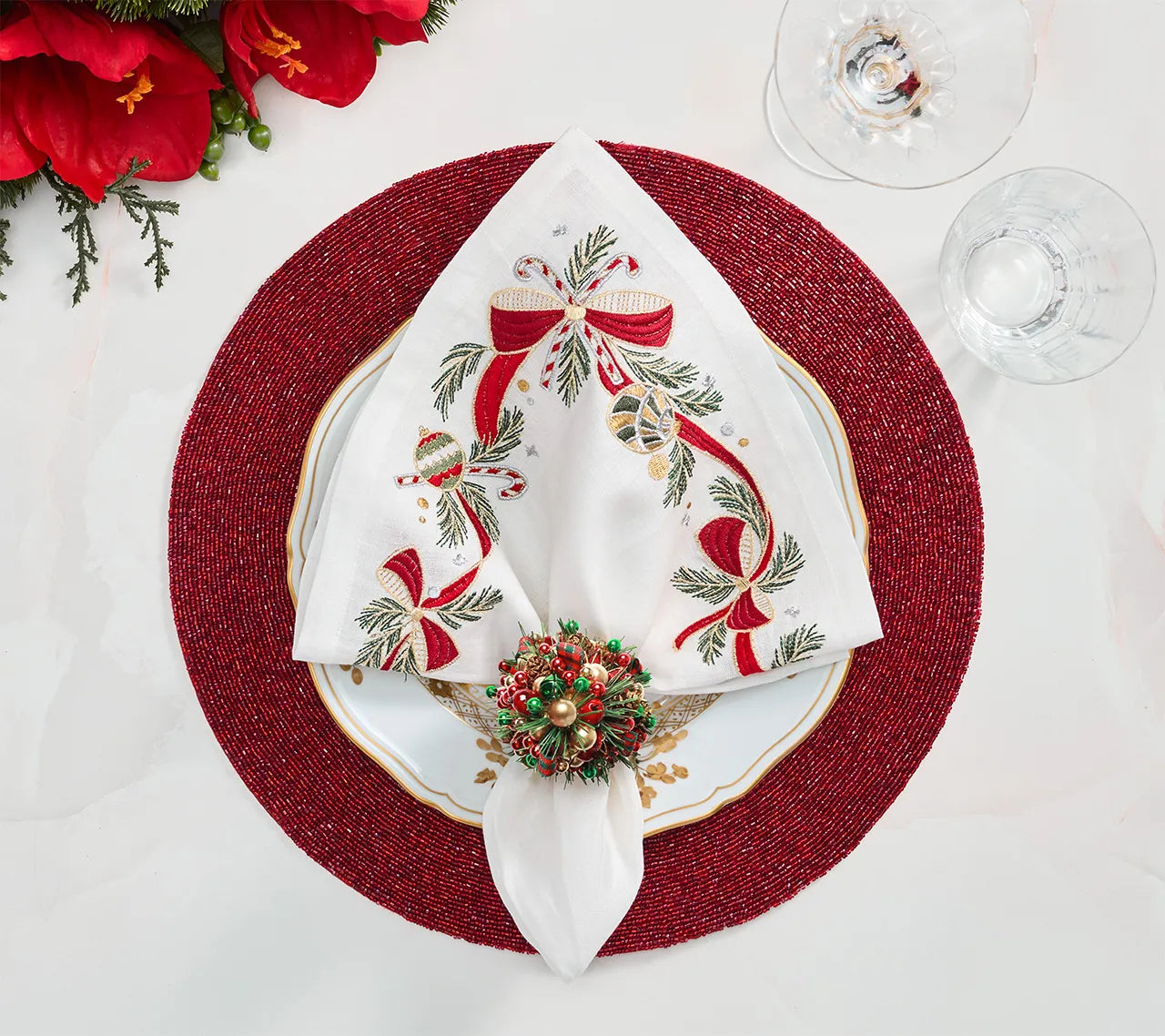 Tinsel Bow Napkin in White, Red & Green, Set of 4