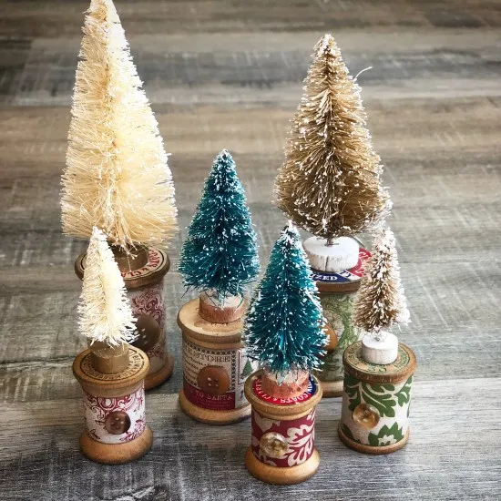 Tiny Bottle Brush Christmas Trees on Vintage Wood Spools | Creating Me