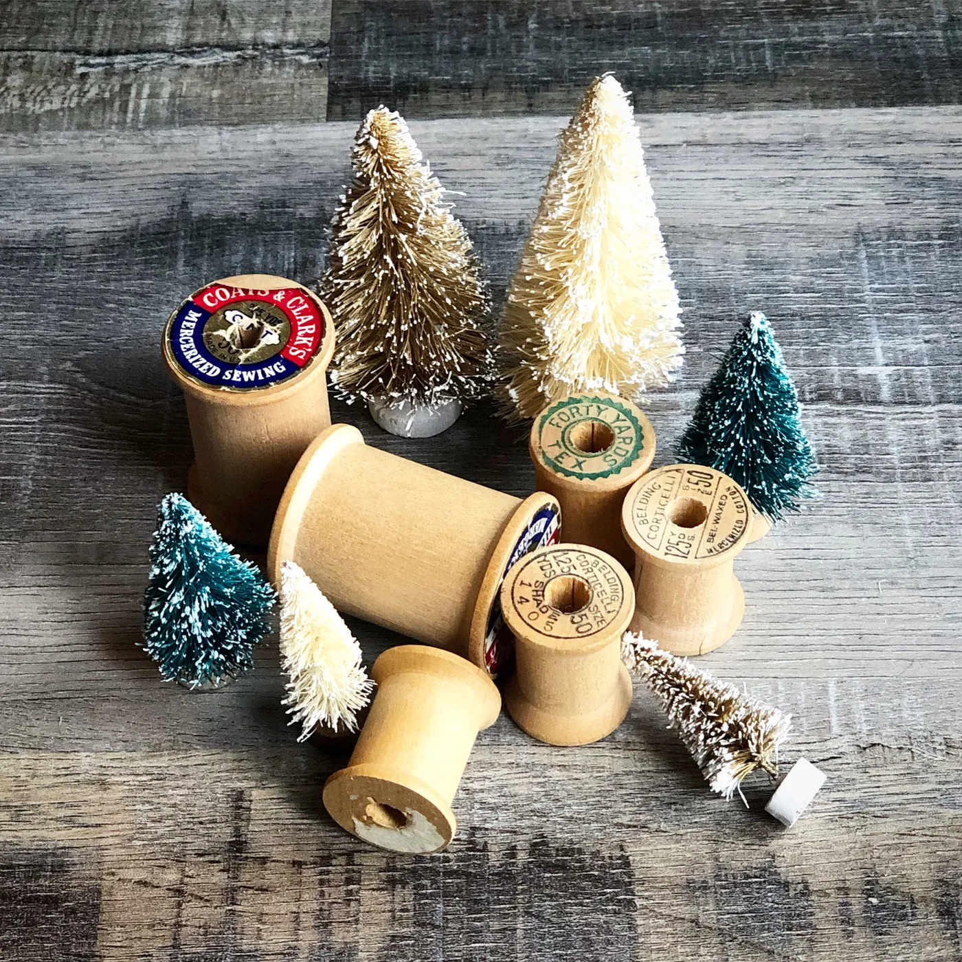 Tiny Bottle Brush Christmas Trees on Vintage Wood Spools | Creating Me