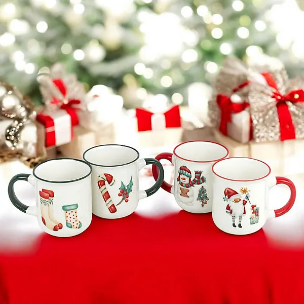 URBN-CHEF 200ml 4 Pcs Kids Ceramic Christmas Mugs Coffee Tea Hot Cocoa Tea Soup Xmas