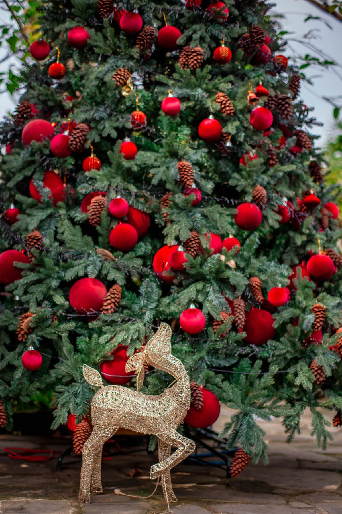 Vibrant Christmas tree adorned with red ornaments and a golden reindeer sculpture.