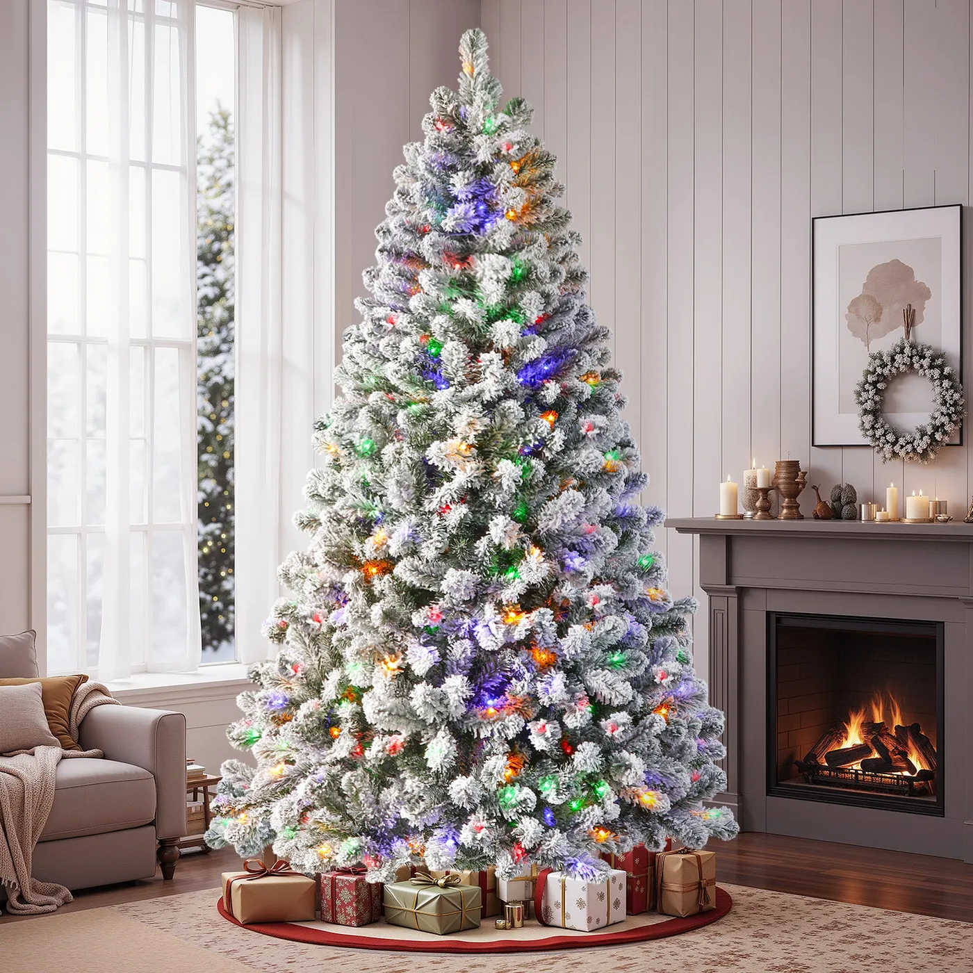 White Flocked Spruce Artificial Christmas Trees with Multi-Color Lights - Multi-Color Lights / Full / 8FT