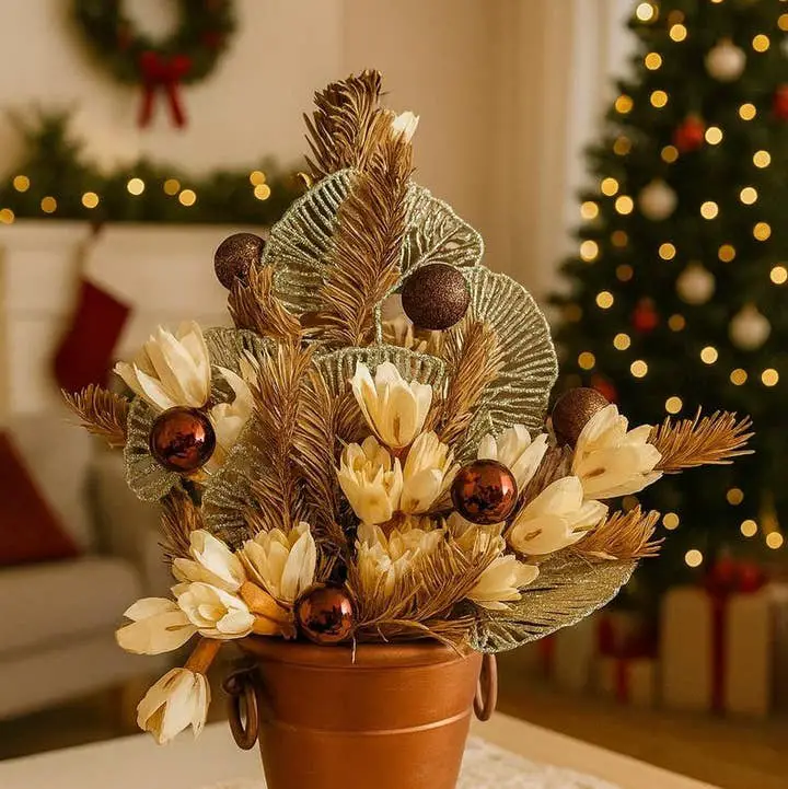 Wholesale Elegant Dried Flower Christmas Centerpiece | Gold & Bronze  Holiday Floral Arrangement in Terracotta Pot for your store - Faire