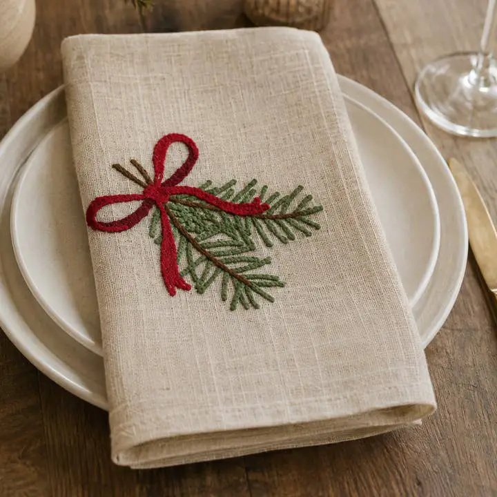 Wholesale Embroidered Pinecone & Red Bow Holiday 20' Dinner Napkin for your store - Faire