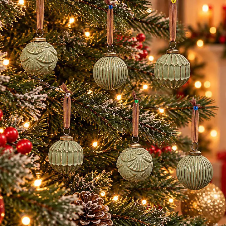 Wholesale Textured Glass Christmas Tree Bauble - Set of 6 | Patina Green  for your store - Faire