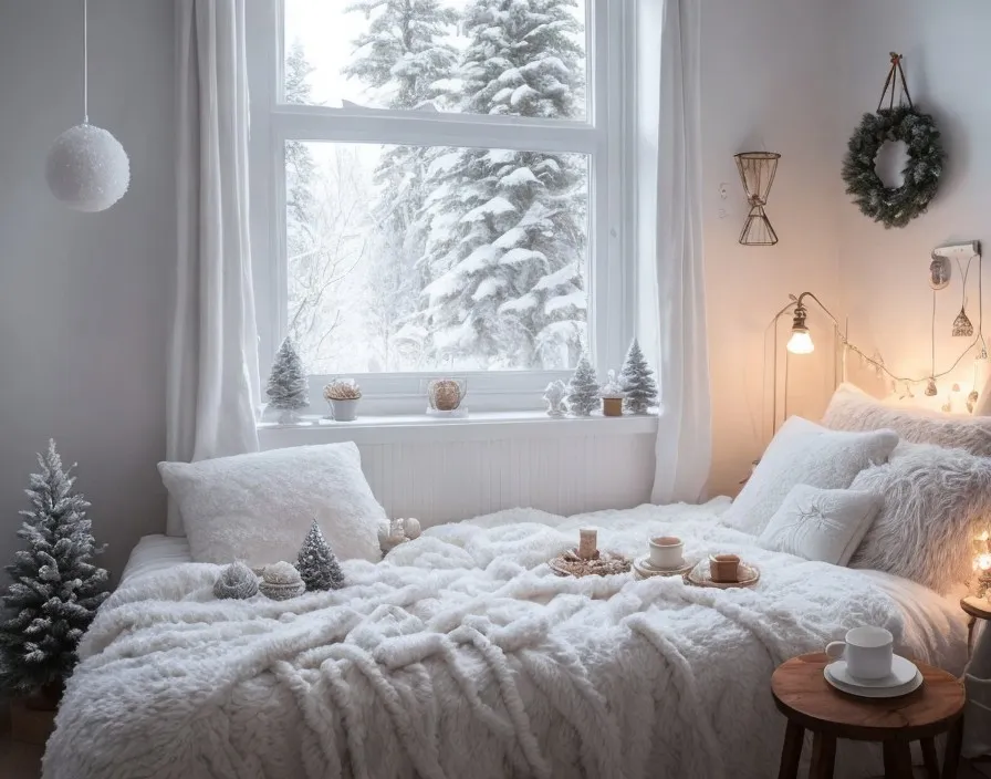 Winter-themed bedroom with plush bed, decorative lights, snowy view, wreaths, and mini trees. | Deep Dream Generator